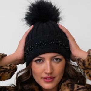 NWT New Adrienne Landau Pearl Trim Pom-Pom Knit Wool Blend Beanie Hat Black OS